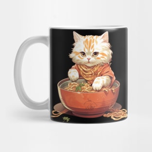 Cat Noodle Delight T-Shirt: Orange & White Cartoon Kitty Eating Animated Noodles Mug